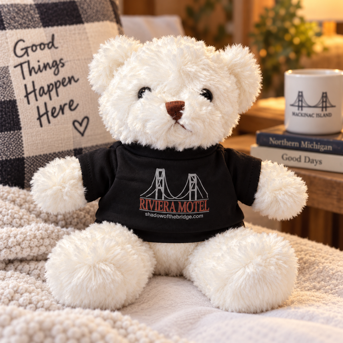 Riviera Motel White Teddy Bear with Black T-Shirt