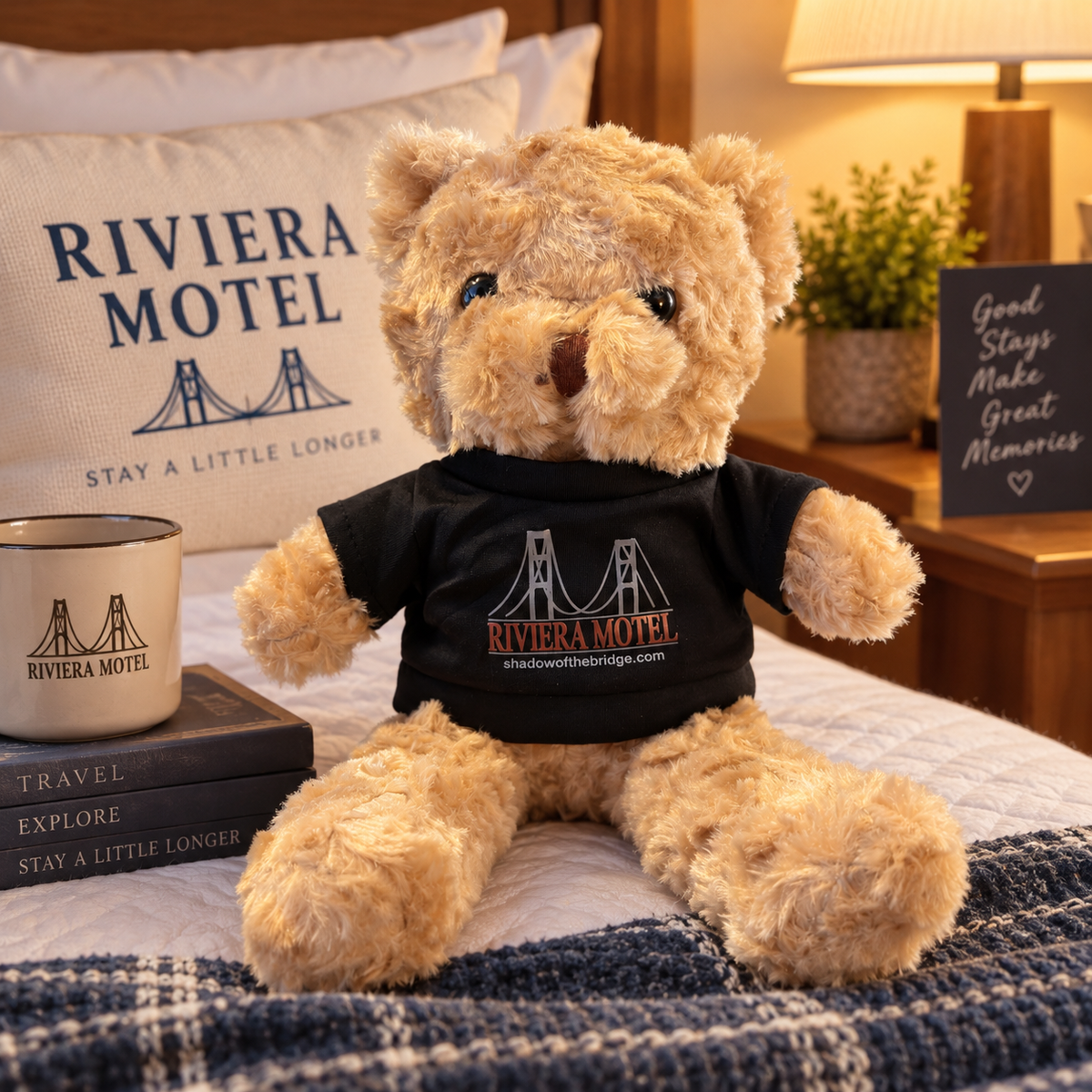 Riviera Motel Golden Teddy Bear with Black T-Shirt