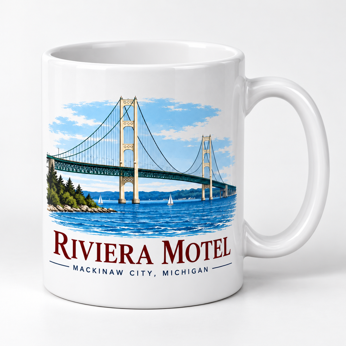 Mackinac Bridge Coffee Mug – Riviera Motel | Mackinaw City, Michigan