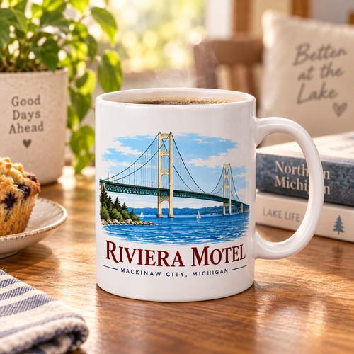 Mackinac Bridge Coffee Mug – Riviera Motel | Mackinaw City, Michigan