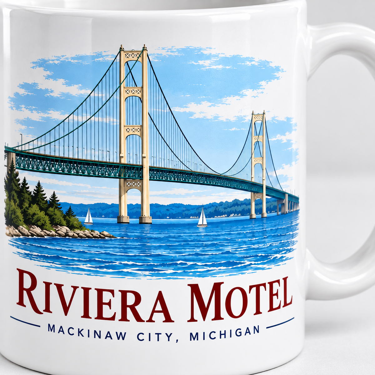 Mackinac Bridge Coffee Mug – Riviera Motel | Mackinaw City, Michigan