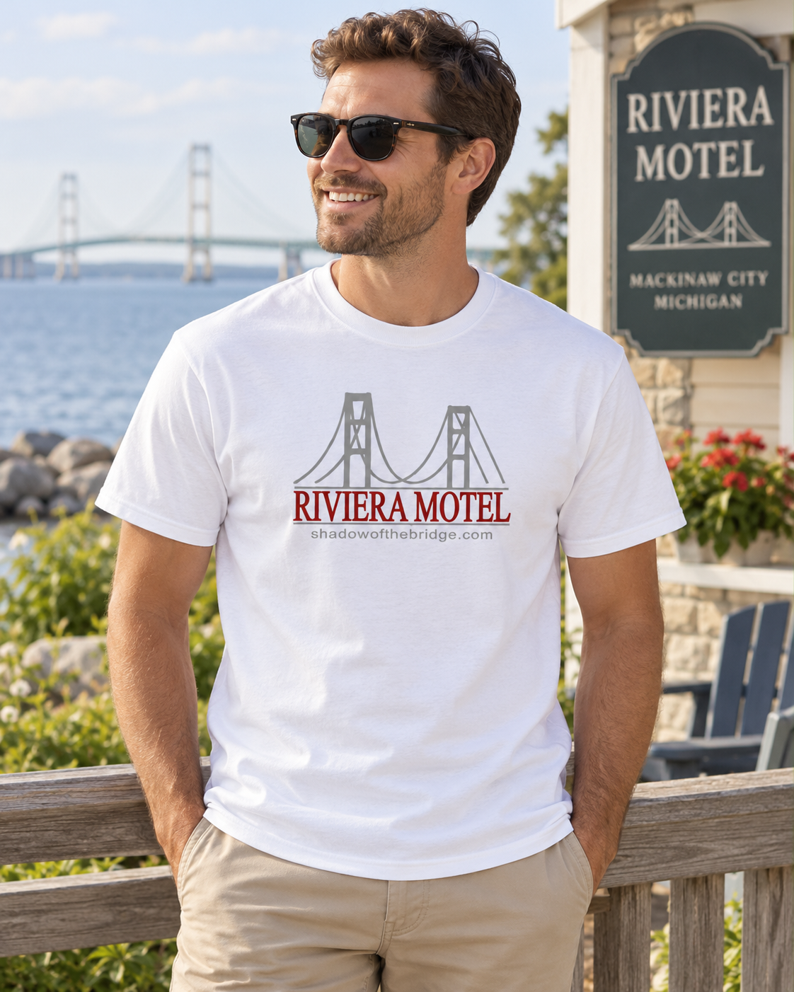 Riviera Motel Mackinac Bridge Adult T-Shirt – White